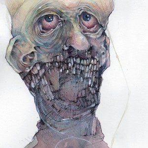 May include: Watercolor painting of a pale, grotesque face with a wide, toothy grin. The face is painted in shades of gray, brown, and blue, with a hint of pink on the nose. The background is a light wash of watercolor.