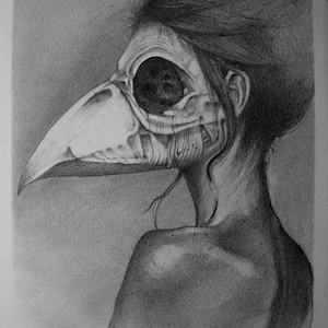 Può includere: Un disegno a matita in bianco e nero di una persona che indossa una maschera di uccello scheletrica. I capelli della persona sono tirati indietro e la maschera le copre il viso. Il disegno è realizzato in uno stile realistico.