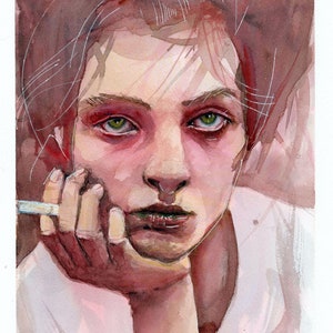 May include: A watercolor painting of a person with red-toned skin and green eyes. They are looking down and holding a cigarette in their hand. The person is wearing a white shirt and has their hair pulled back.