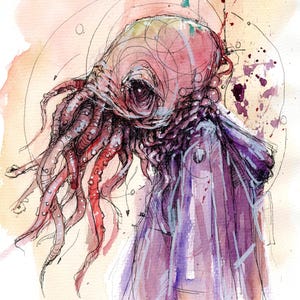 May include: Watercolor illustration of a creature with a large eye, tentacles, and a purple cloak. The artwork features a mix of red, pink, and purple hues with black ink details. The background has a soft, warm color palette.