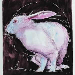May include: Watercolor painting of a white rabbit with pink and blue accents against a dark background. The rabbit is depicted in profile, with long ears and detailed fur. The artwork has a whimsical and artistic style.