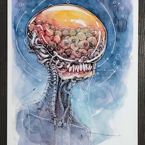 May include: Watercolor illustration of a surreal creature with a large, translucent head filled with eyes and a yellow-orange brain. The creature has a skeletal neck and a detailed, mechanical-looking body, set against a blue watercolor background.