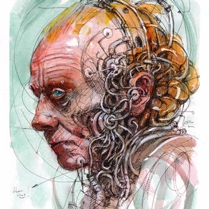 May include: Watercolor and ink illustration of a person's profile, featuring a bald head and face with intricate mechanical components attached. The artwork includes handwritten notes and a green background.
