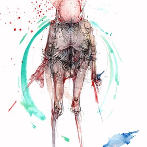 May include: Watercolor painting of a skeletal figure with a large, round head. The figure is surrounded by a green circle and red splatters. The figure is wearing a helmet and has a long, thin body.