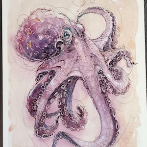 May include: A watercolor painting of an octopus with purple and pink hues. The octopus has eight tentacles and is surrounded by swirling lines and circles.