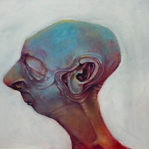 May include: A close-up portrait painting of a person's head and neck. The person's face is turned to the side, and their eyes are closed. The painting is done in a realistic style, with a focus on the details of the person's skin and features. The background is a light gray.