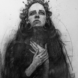 May include: A black and white drawing of a woman wearing a crown and a long robe. Her hands are clasped in front of her chest, and she is looking upwards. The drawing is done in a realistic style and has a dramatic feel.