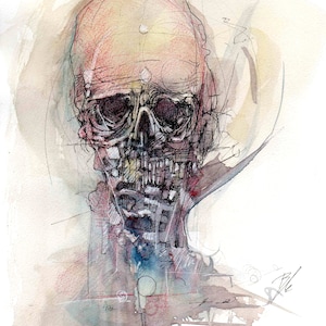 May include: A watercolor painting of a skull with a detailed, intricate design. The skull is rendered in shades of gray, brown, and red, with a hint of blue. The background is a soft wash of watercolor in shades of brown and gray.