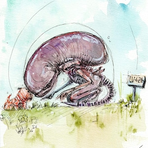 Può includere: Illustrazione ad acquerello di una creatura aliena e di un facehugger su un'area erbosa. L'alieno è grande e viola, con un facehugger rosso più piccolo nelle vicinanze. Un cartello recita "LV426".