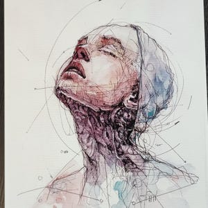 May include: A watercolor and ink drawing of a person's face with their head tilted back. The person's eyes are closed and their mouth is open. The drawing is done in shades of pink, blue, and gray. There are lines and circles drawn around the person's face.