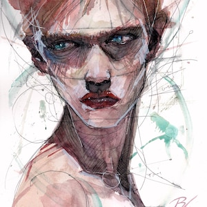 May include: Watercolor portrait of a person with blue eyes and red lips. The artwork features a combination of watercolor washes and fine line details, with a focus on the face and upper body. The color palette includes shades of red, brown, and blue.