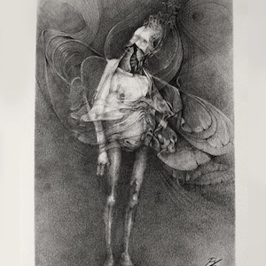 May include: A black and white pencil drawing of a figure with a flowing garment, standing in a swirling, abstract background.