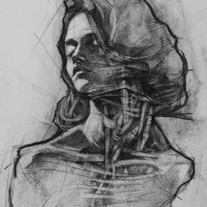 May include: A black and white pencil drawing of a person's head and shoulders. The person is wearing a cloth over their head and neck, and their face is obscured. The drawing is done in a realistic style and has a dark and moody tone.