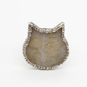 Size 8.5, Silver and Lilac Druzy Cat Ring // Copper Electroformed, Silver Electroplated // Cat Lovers, Sparkle