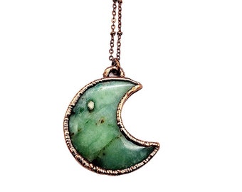 Chrysoprase Crescent Moon Necklace // Electroformed Jewelry // Soldered Copper Chain // Copper Jewelry