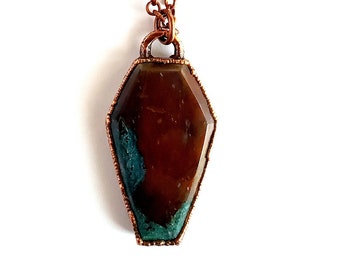 Blue Onyx Agate Coffin Necklace // Electroformed Jewelry // Soldered Copper Chain