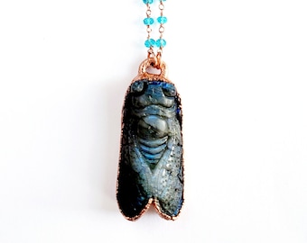 Carved Labradorite Cicada Necklace // Electroformed Jewelry // Blue Quartz Beaded Chain // Gemstones, Cabochon, Energy