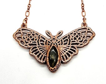 Labradorite Black Witch Moth Necklace // Electroformed Jewelry // Soldered Copper Chain
