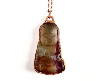 Carved Fluorite Buddha Necklace // Electroformed Jewelry // Soldered Copper Chain // Metaphysical Jewelry, Crystal Jewelry, Natural Stone