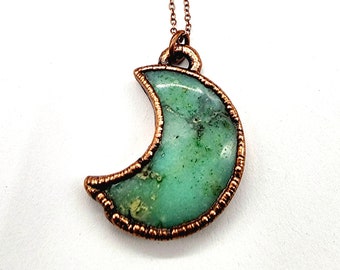 Chrysoprase Crescent Moon Necklace // Electroformed Jewelry // Soldered Copper Chain // Copper Jewelry
