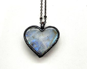 Rainbow Moonstone Heart Necklace // Electroformed Jewelry // Soldered Gunmetal Chain // Metaphysical Jewelry