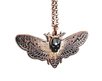 Hematite Death's Head Hawkmoth Necklace // Electroformed Jewelry // Soldered Copper Chain // Moth Necklace // Swarovski Hematite Skull