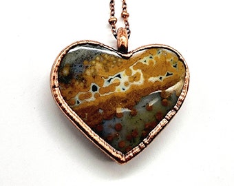 Ocean Jasper Heart Necklace // Electroformed Jewelry // Soldered Copper Chain // Love // Valentines Day