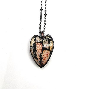 Snakeskin Agate Heart Necklace // Electroformed Jewelry // Soldered Gunmetal Chain // Snake Jewelry, Wrasse Fossil