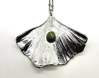 Fine Silver Electroplated Ginkgo Leaf with Variscite Necklace // Sterling Silver Chain // Mother Nature
