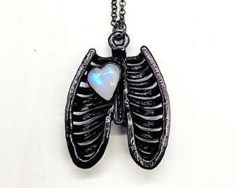 Caged Love Ribcage and Faceted Rainbow Moonstone Heart Necklace // Electroformed Jewelry // Soldered Gunmetal Chain