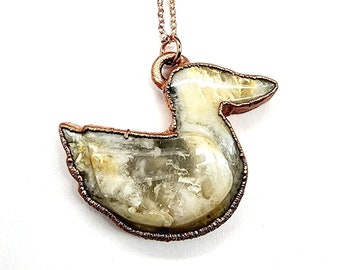 Carved Moss Agate Duck Necklace // Electroformed Jewelry // Soldered Copper Chain // Natural Stone, Metaphysical Jewelry