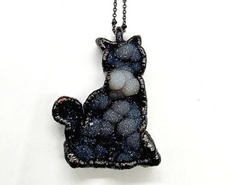 Black Druzy Cat Necklace // Electroformed Jewelry // Soldered Gunmetal Chain // Metaphysical Jewelry, Crystal Jewelry, Cat Lovers