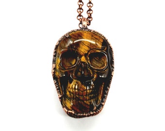 Carved Tiger Eye Skull Necklace // Electroformed Jewelry // Soldered Copper Chain