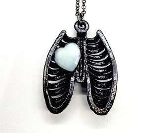 Caged Love Ribcage and Faceted Aquamarine Heart Necklace // Electroformed Jewelry // Soldered Gunmetal Chain