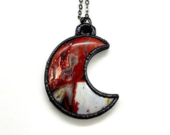 Ocean Jasper Crescent Moon Necklace // Electroformed Jewelry // Soldered Gunmetal Chain // Moon Goddess // Blood Moon