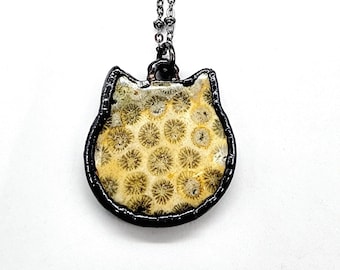 Fossilized Coral Cat Necklace // Soldered Gunmetal Chain // Electroformed Jewelry