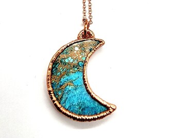 Imperial Jasper Crescent Moon Necklace // Electroformed Jewelry // Soldered Copper Chain