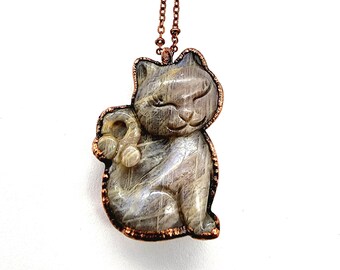 Carved Sunstone Moonstone Cat Necklace // Electroformed Jewelry // Soldered Copper Chain