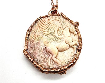 Carved Pink Opal Alicorn Necklace // Electroformed Jewelry // Soldered Copper Chain // Metaphysical Jewelry