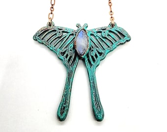 Rainbow Moonstone Luna Moth Necklace // Electroformed Jewelry // Soldered Copper Chain
