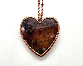 Moss Agate Heart Necklace // Electroformed Jewelry // Soldered Copper Chain // Natural Stone, Metaphysical Jewelry