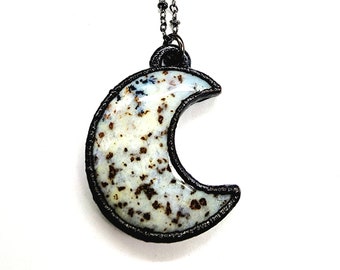 Dendritic Agate Crescent Moon Necklace // Electroformed Jewelry // Soldered Gunmetal Chain