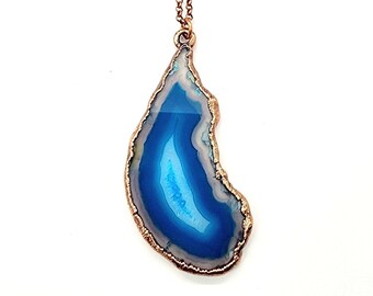 Blue Agate Necklace // Electroformed Jewelry // Antique Copper Chain // Natural Stone