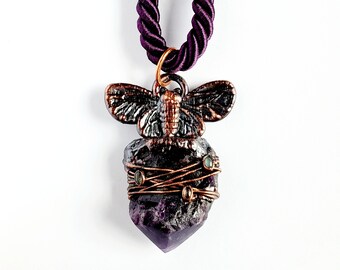 Moth Cat Necklace, Amethyst Point with Labradorite // Electroformed Jewelry // Purple Twist Satin Rope // Mythical, Mystical