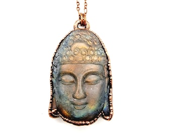 Carved Labradorite Buddha Necklace // Electroformed Jewelry // Soldered Copper Chain // Gemstones, Cabochon, Energy