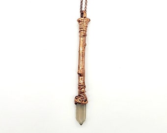 Copper Oak Tree Branch and Smoky Quartz Point Wand // Electroformed Jewelry // Copper Chain, Sticks and Stones Necklace