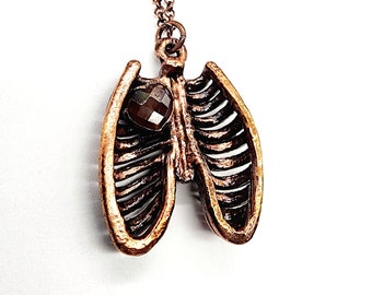 Caged Love Ribcage and Faceted Sunstone Heart Necklace // Electroformed Jewelry // Soldered Copper Chain