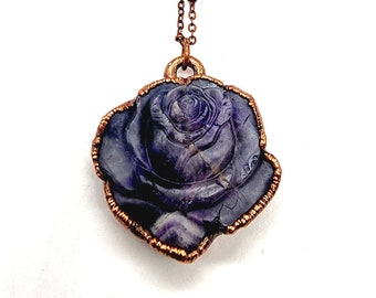 Carved Chevron Amethyst Rose Necklace // Electroformed Jewelry // Soldered Copper Chain // Birthstone, Gemstone