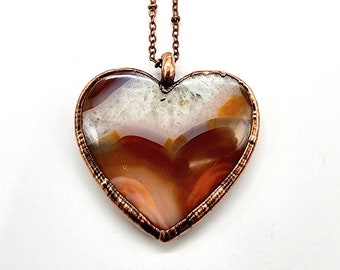 Carnelian Heart Necklace // Electroformed Jewelry // Soldered Copper Chain // August Birthstone, Gemstone // Healing Stone // Metaphysical