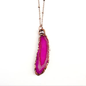 Hot Pink Agate Necklace // Electroformed Jewelry // Soldered Copper Chain // Crystal Necklace